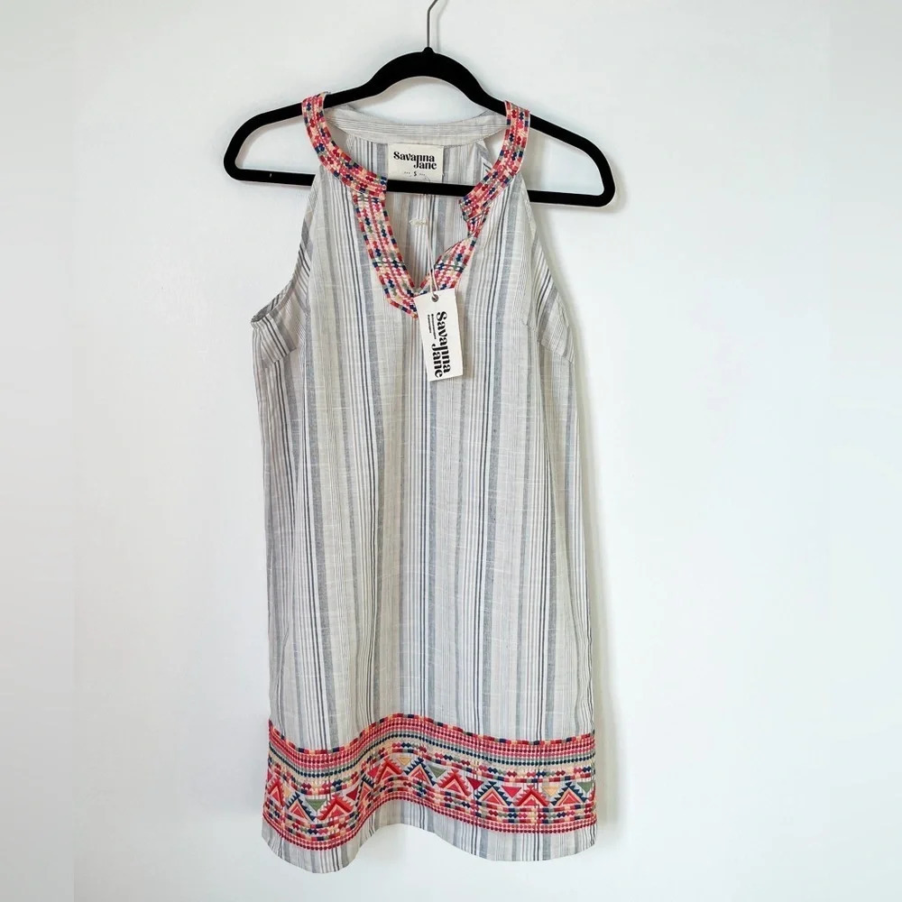 Savanna Jane Cream and Gray Striped Sleeveless Dress with Coral Embroidery